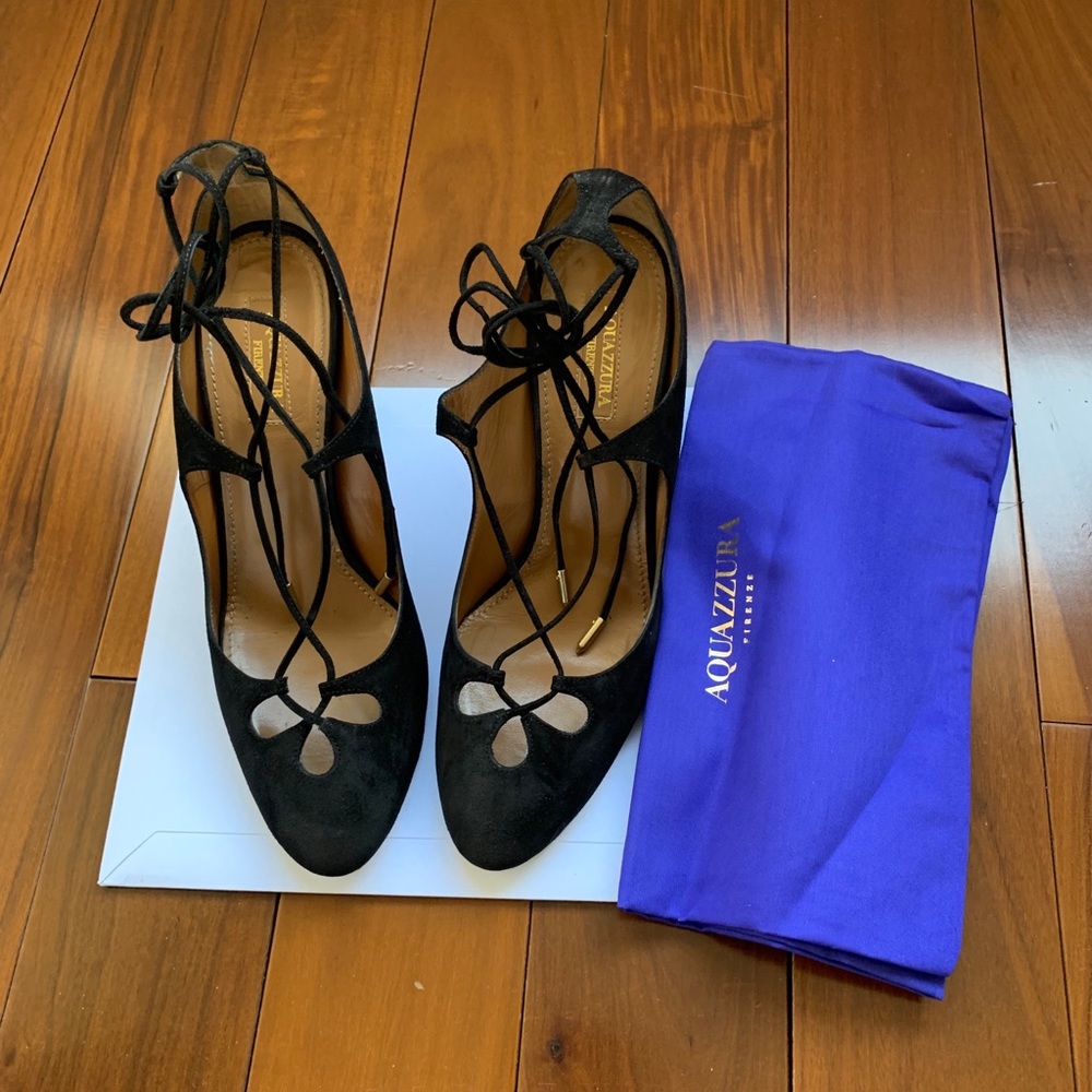 Auth Aquazzura Dancer block heel black suede 38.5